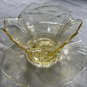 Vintage 1930’s Lancaster Etched Yellow Depression Glass Serving Bowl Set